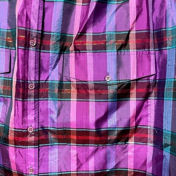 100% Silk Plaid High Neck Button Front Shirt 3X - Picture 3 of 8